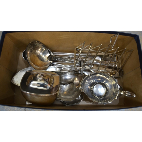 802 - 19th Century Sheffield plate teapoy, plated sauce boat, toast rack and miscellaneous other items of ... 