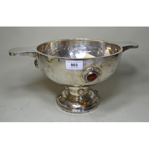 803 - Large good quality presentation silver quaich inset with cairngorms, Sheffield 1935, 50oz t