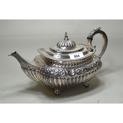 804 - Late Victorian silver half fluted and floral embossed teapot, Sheffield 1893, 22.5oz t