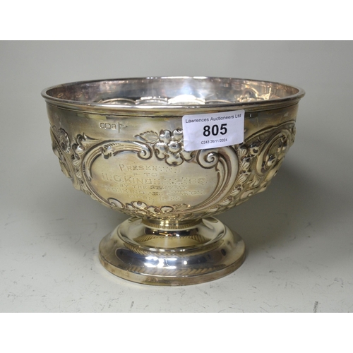 805 - Silver floral embossed rose bowl, London 1916, 13oz t