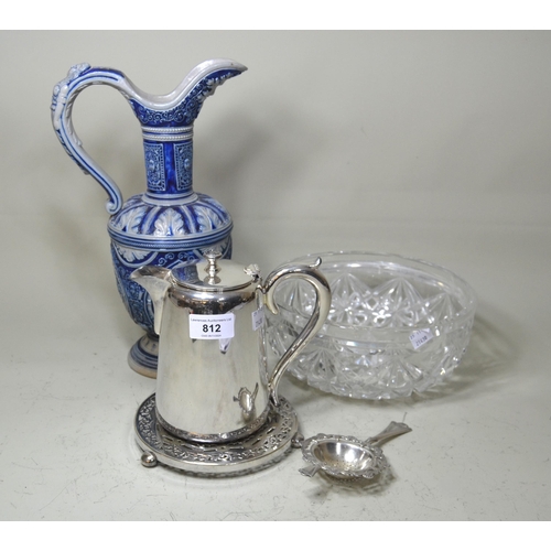 812 - Silver plated hot water pot, plate stand, tea strainer, cut glass fruit bowl and stoneware flagon