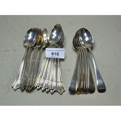 818 - Set of twelve London silver teaspoons, 11oz t, together with a set of six Sheffield silver teaspoons... 