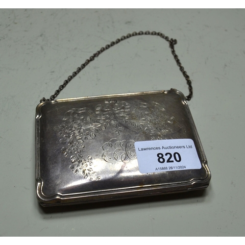 820 - Ladies Birmingham silver purse with engraved decoration