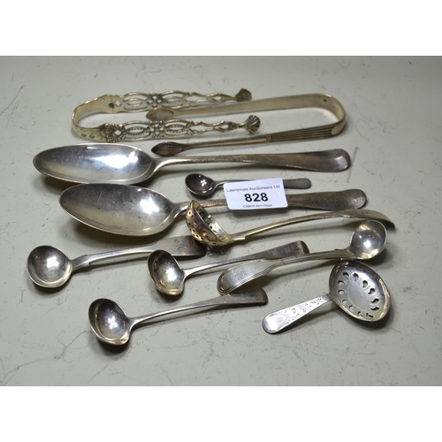 828 - Small quantity of 18th and 19th Century silver flatware and two pairs of sugar tongs