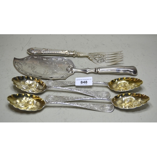 848 - Elkington & Co., set of four silver plated floral engraved berry spoons with gilt bowls, silver plat... 