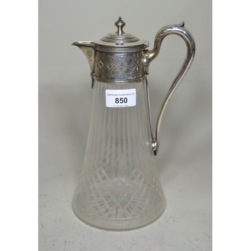 850 - Edwardian glass claret jug with silver plated mounts