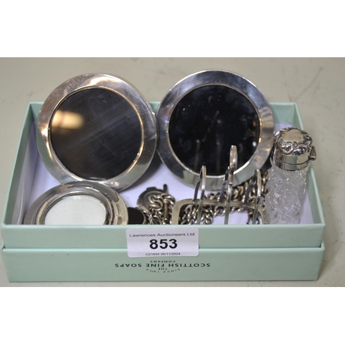 853 - Two silver curb link watch chains, miniature toast rack three miniature photograph frames, perfume b... 