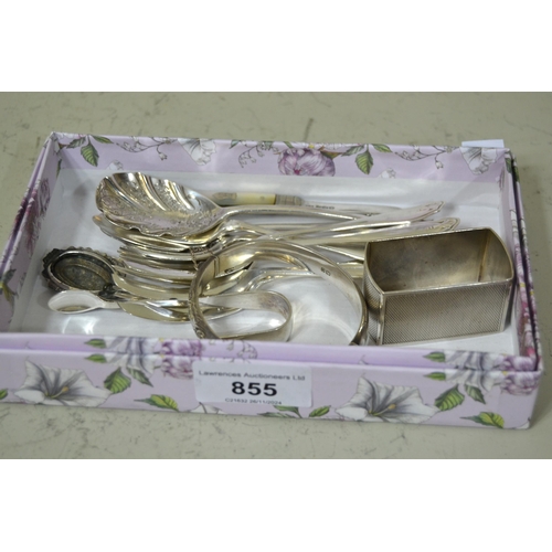 855 - Set of six silver pastry forks, silver bangle, three preserve spoons, napkin ring and a pair of tong... 