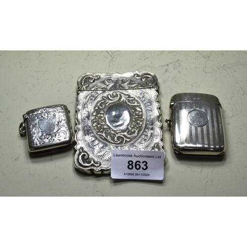 863 - Victorian floral embossed silver visiting card case, together with two silver vesta cases