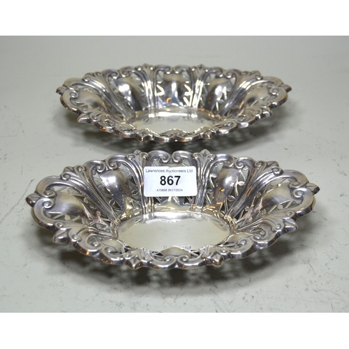 867 - Pair of Sheffield silver oval pierced bonbon dishes, 6.5oz t