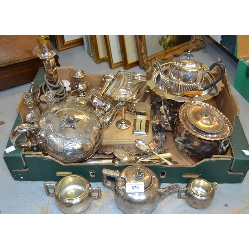 870 - Collection of miscellaneous silver plate to include three piece tea service in Japanesque style, Vic... 