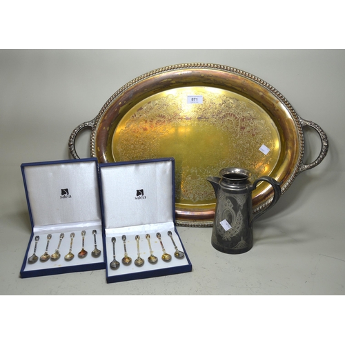 871 - Oval two handled silver plated tray with engraved decoration, hot water pot and two cased sets of fl... 