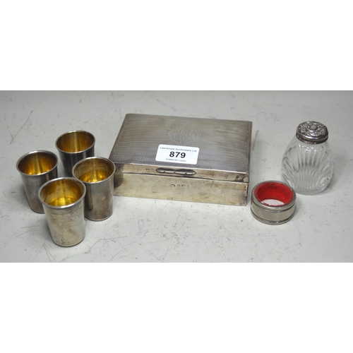 879 - Rectangular silver cigarette box, four Continental silver liqueur tots and two other items