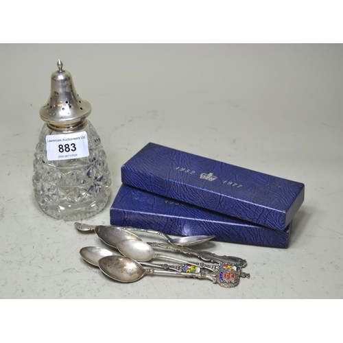 883 - Silver mounted cut glass sugar sifter, small quantity of commemorative spoons etc.