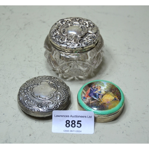 885 - Circular silver enamel decorated trinket box, circular embossed box, and a silver mounted dressing t... 