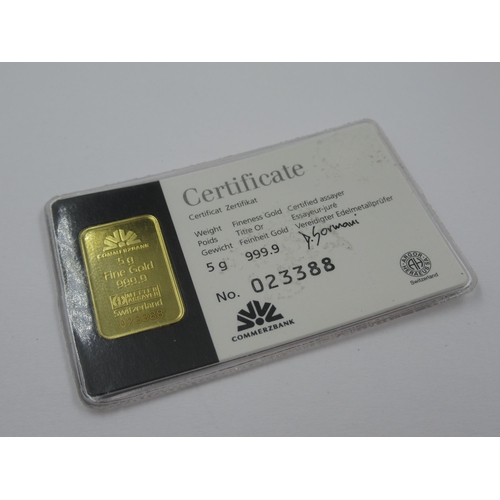 915 - Commercial Bank of Switzerland 9ct gold ingot with certificate, 5g