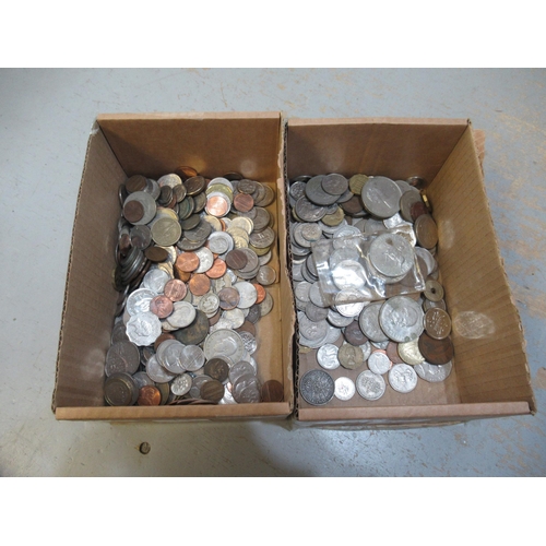 917 - Two boxes containing a collection of miscellaneous British and World coins, including bank notes