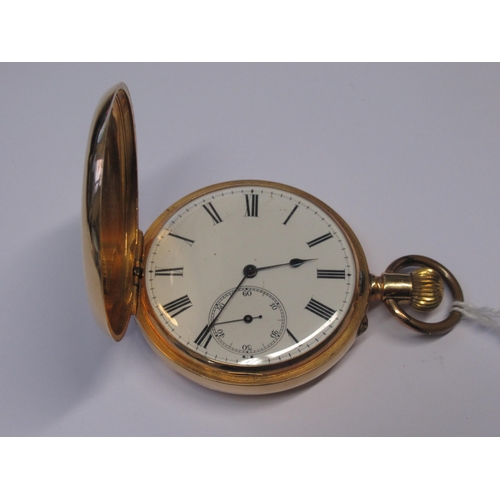 18ct Gold cased full hunter pocket watch, the enamel dial with Roman numerals and subsidiary seconds, with a keyless movement, engraved initials to the outer front case, further presentation engraving to the inner case (loop not gold), case diameter 50mm