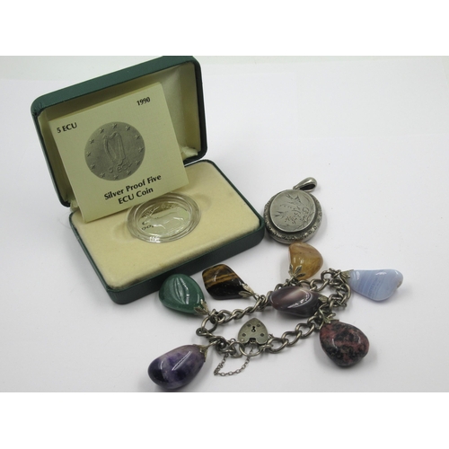 932 - Silver and agate charm bracelet, Victorian white metal locket and a silver proof coin