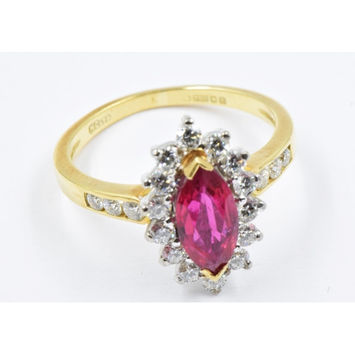 957 - 18ct Yellow gold ruby and diamond cluster ring, size K, 3.7g