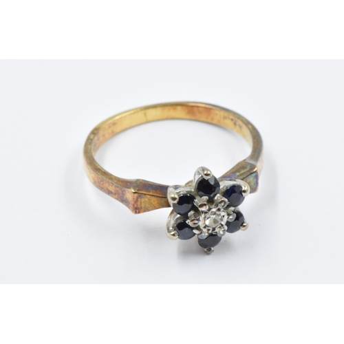 958 - 18ct Gold diamond and sapphire cluster ring, size K, 3.2g