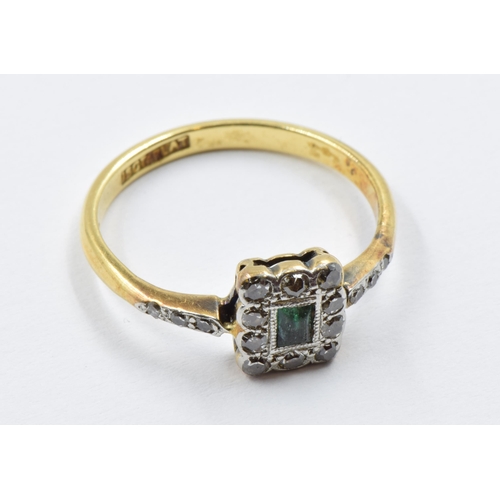 974 - 18ct Yellow gold emerald and square diamond set cluster ring