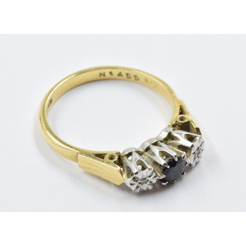 981 - 9ct Yellow gold ring set with sapphire flanked by illusion set diamonds, 3.6g, size N