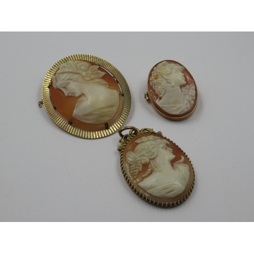 982 - Two 9ct gold set cameo brooches together with a similar pendant