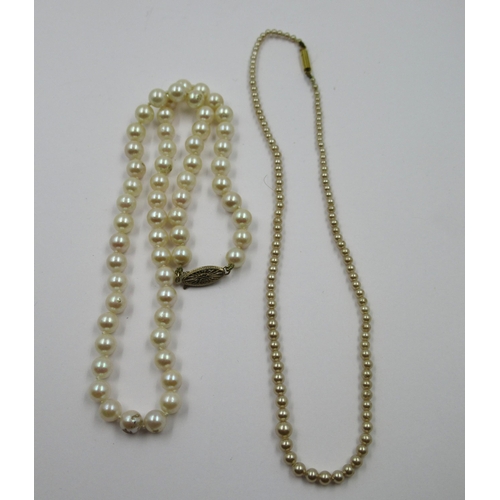 984 - Pearl necklace with 9ct gold clasp together with another with rolled gold clasp