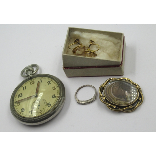 997 - Pair of 9ct gold cameo earrings, Victorian mourning brooch, nickel plated pocket watch and a dress r... 