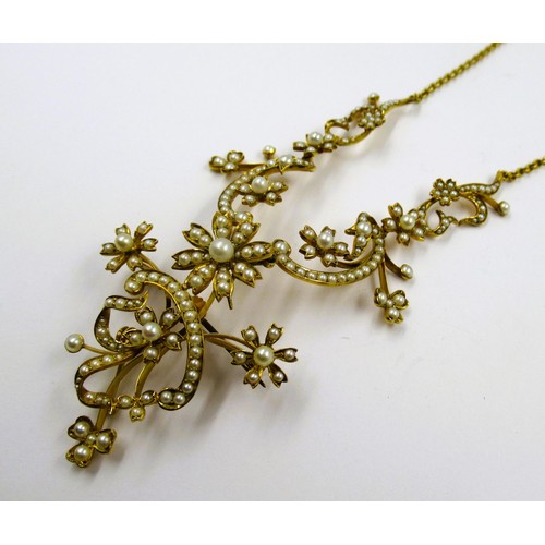935 - Victorian 15ct gold split seed pearl pendant necklace with detachable brooch pin, gross weight 24.5g