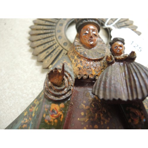 125 - Mexican carved wooden polychrome painted figure of The Mother and Holy Child, 26cm high, together wi... 