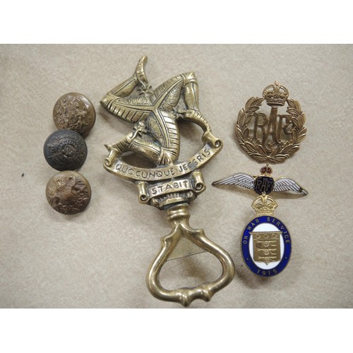 221 - Small quantity of miscellaneous items including military badges, whistle, two silver salt spoons, mi... 