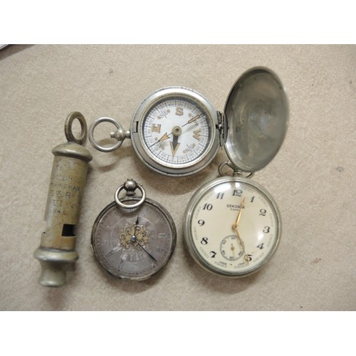 221 - Small quantity of miscellaneous items including military badges, whistle, two silver salt spoons, mi... 