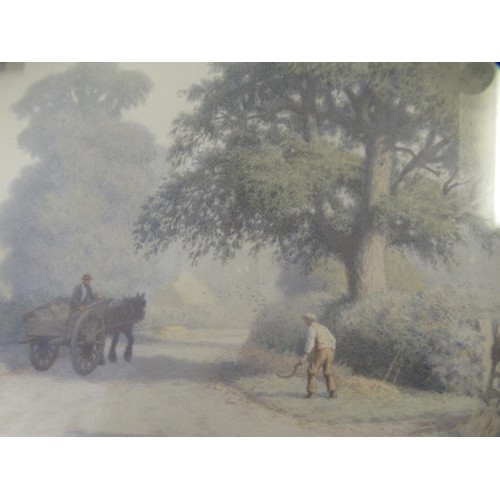 1267 - Stanley Anderson, watercolour ' Early Morning in September ', horse, cart and figures on a lane, bea... 