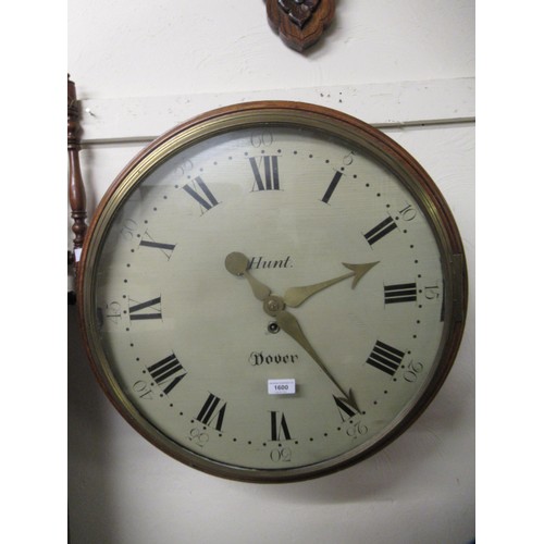 1600 - Large 19th Century circular mahogany wall clock, the painted dial with Arabic and Roman numerals ins... 