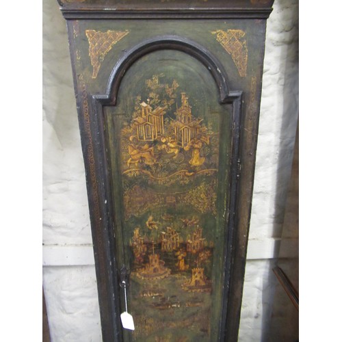 1610 - George III green chinoiserie lacquer longcase clock, the rectangular hood with broken arch door and ... 