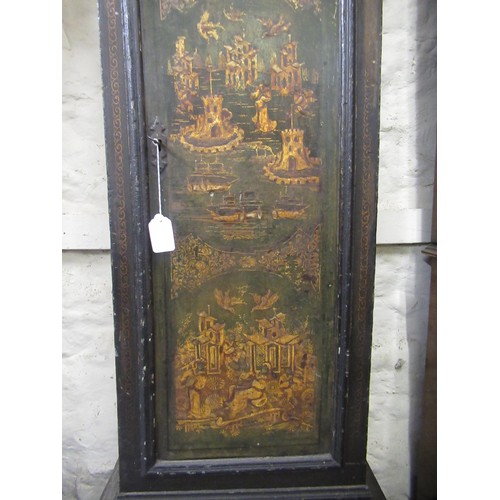 1610 - George III green chinoiserie lacquer longcase clock, the rectangular hood with broken arch door and ... 