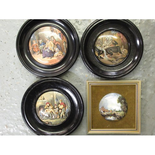 707 - Collection of thirty one 19th Century Prattware pot lids in turned wooden frames, together with a pa... 