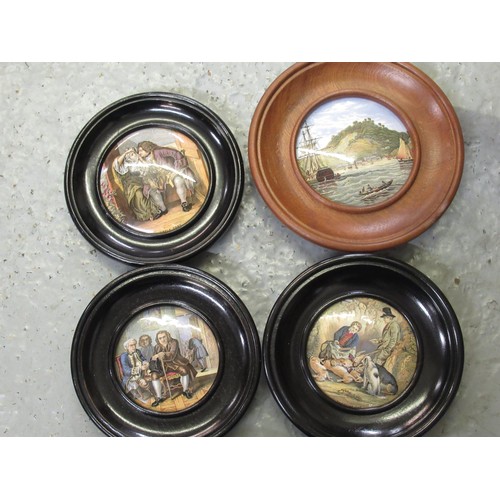 707 - Collection of thirty one 19th Century Prattware pot lids in turned wooden frames, together with a pa... 