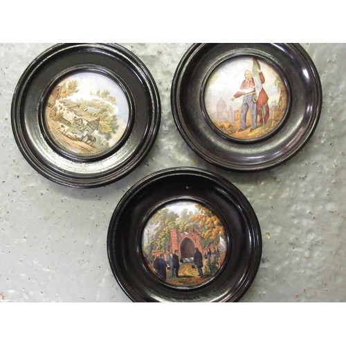 707 - Collection of thirty one 19th Century Prattware pot lids in turned wooden frames, together with a pa... 