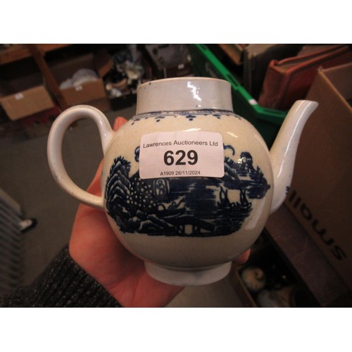 629 - 18th Century blue and white transfer printed teapot with associated cover, possibly Pennington (at f... 