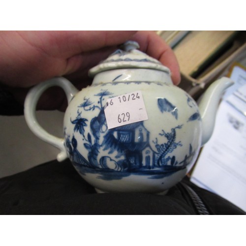 629 - 18th Century blue and white transfer printed teapot with associated cover, possibly Pennington (at f... 