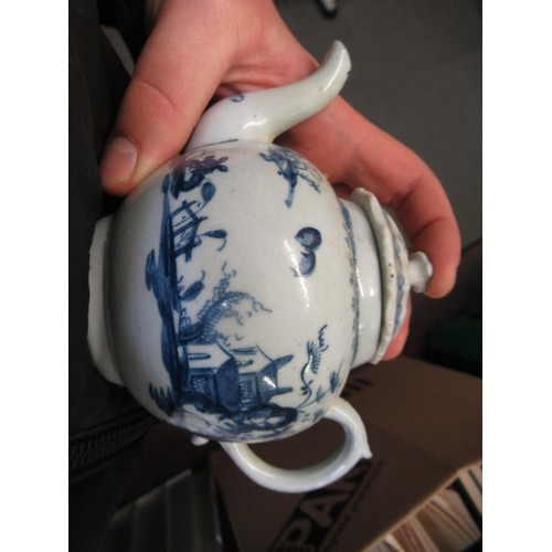 629 - 18th Century blue and white transfer printed teapot with associated cover, possibly Pennington (at f... 