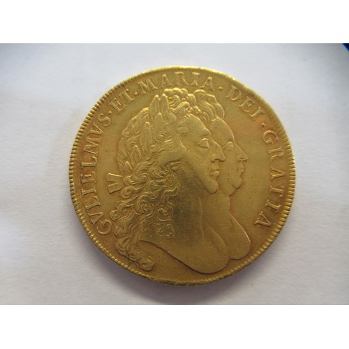 933 - Rare William and Mary gold five guineas, 1694, conjoined busts, 32mm diameter, 41.5g