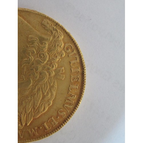 933 - Rare William and Mary gold five guineas, 1694, conjoined busts, 32mm diameter, 41.5g