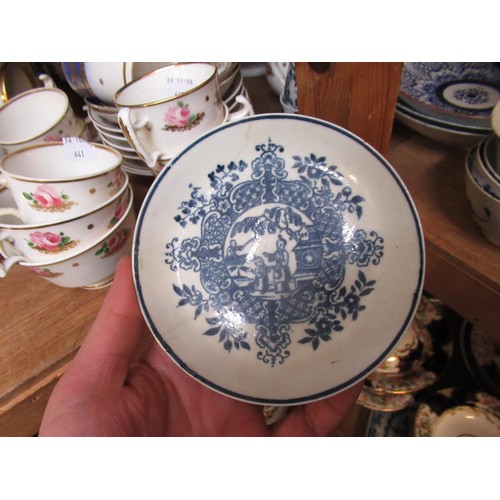 632 - Three 18th Century English blue and white saucer dishes, together with an 18th Century English blue ... 