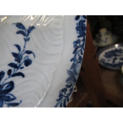 632 - Three 18th Century English blue and white saucer dishes, together with an 18th Century English blue ... 