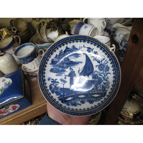 632 - Three 18th Century English blue and white saucer dishes, together with an 18th Century English blue ... 