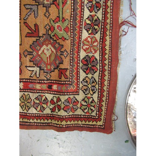 7 - Melas prayer rug with a small central Mihrab within a wide multiple border in typical pastel shades,... 